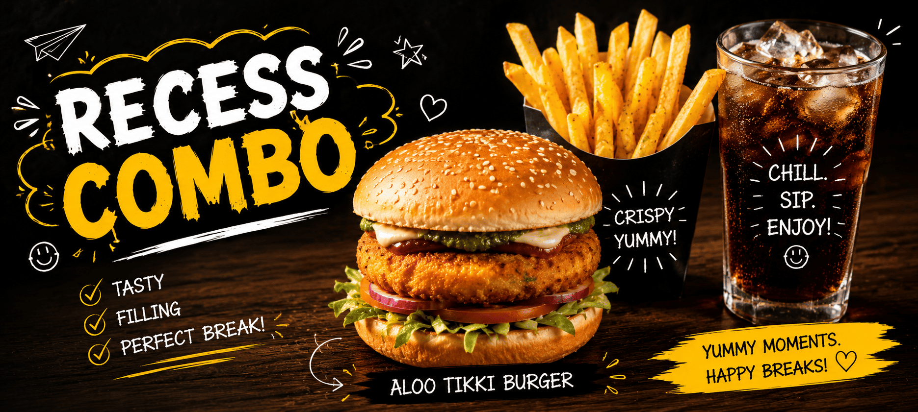 Aloo Tikki Burger + Fries + Drink - Recess Combo - TAS Cafe Noida