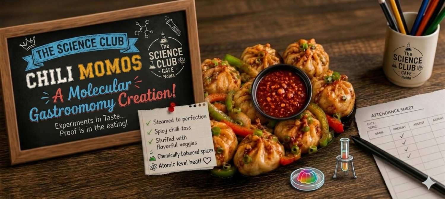 Science Club Chili Momos - Gossip Period Momos - TAS Cafe Noida