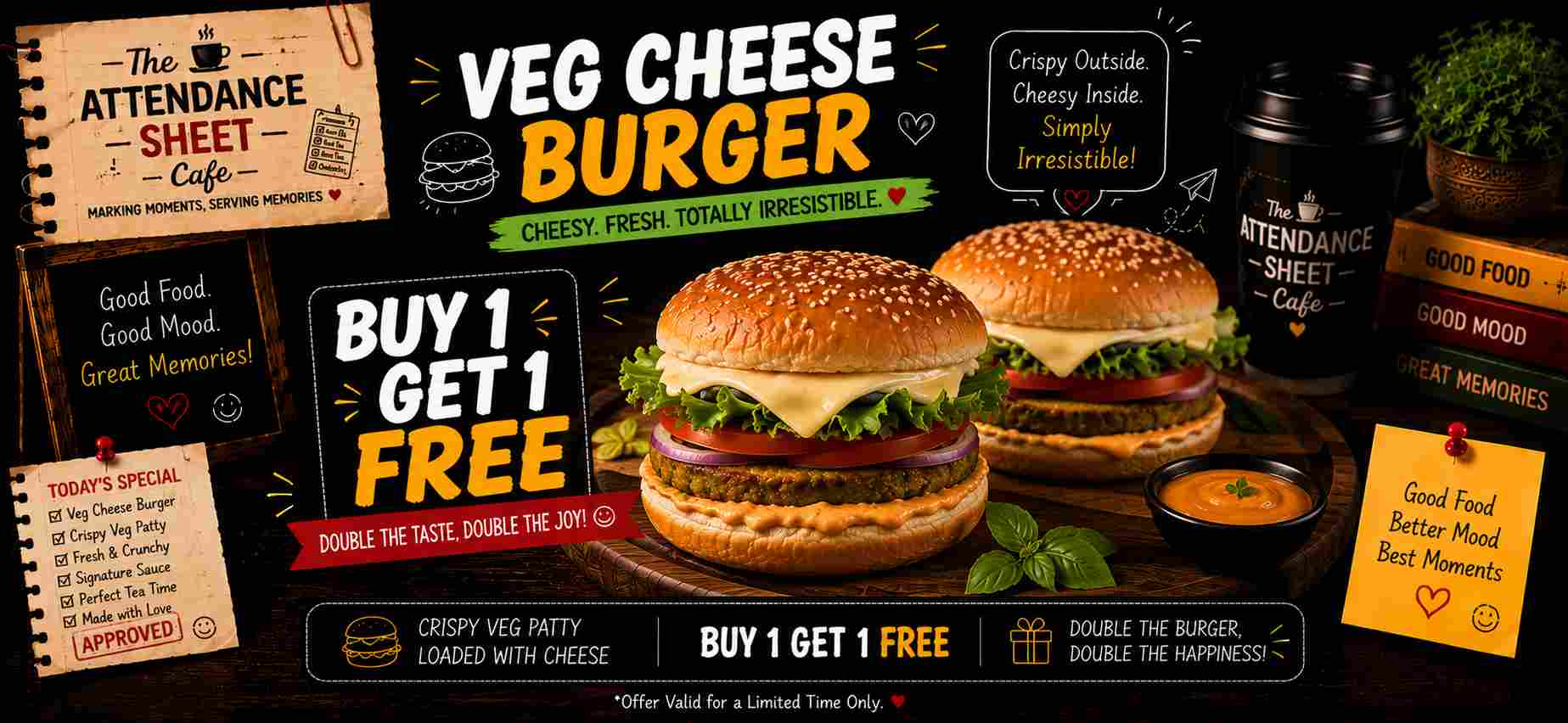 Veg Cheese Burger - Happy Hours - TAS Cafe Noida